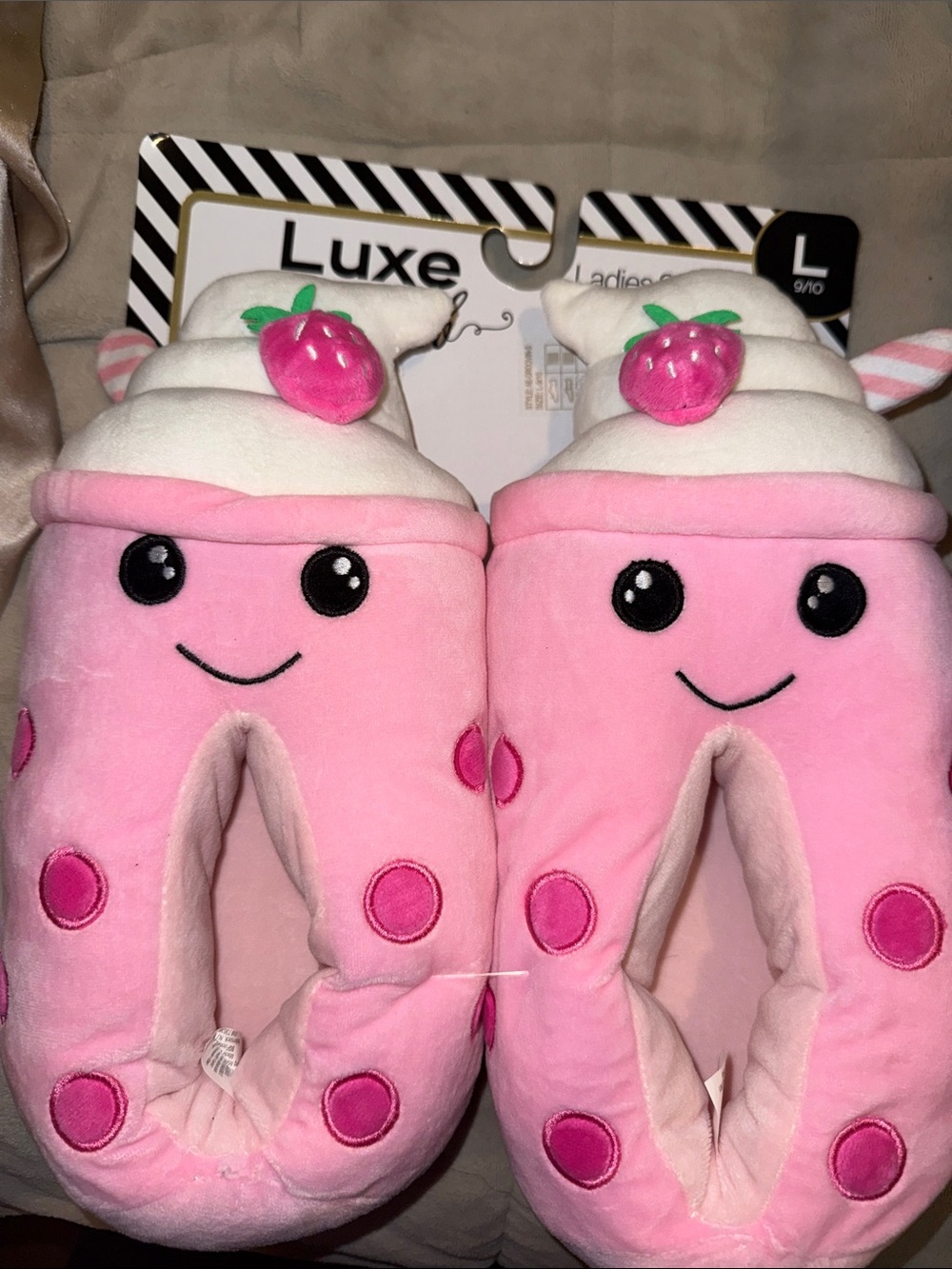 Luxe Pink Strawberry Plush Boba Slippers